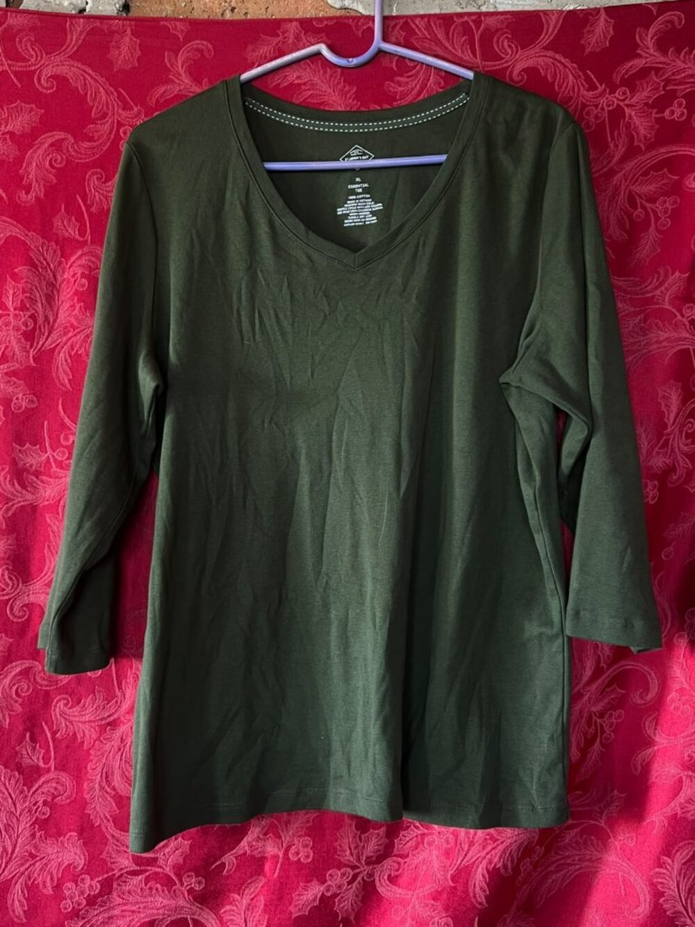 St. John's Bay Olive Green V-Neck Long Sleeve Essential Tee Shirt Size XL